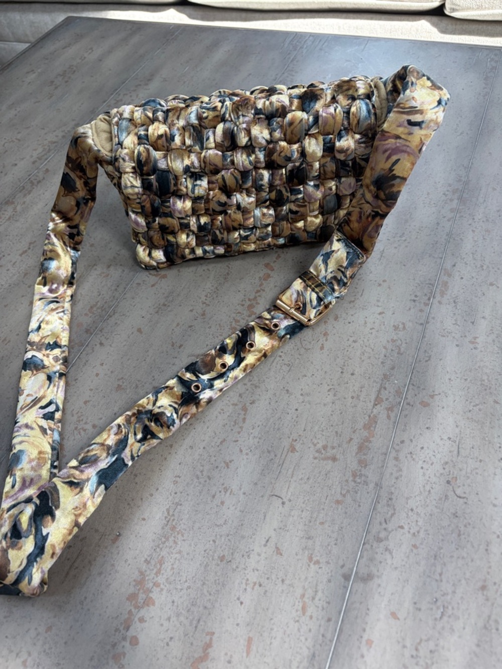 Anthropologie Woven Floral Crossbody Bag in Yellow and Navy